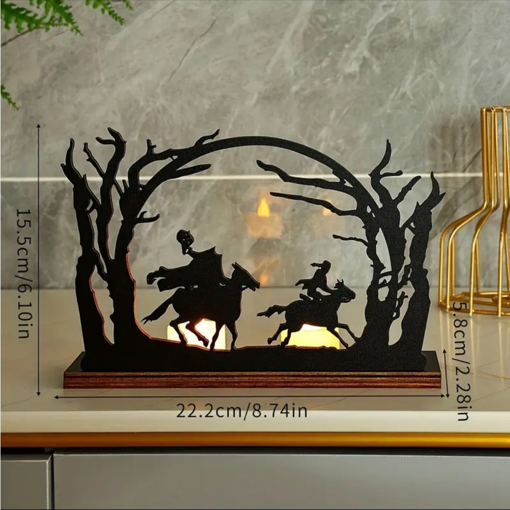 Wooden Healess Horseman Flameless Tea-Light Holder, Sleepy Hollow Decor - Picture 2 of 5